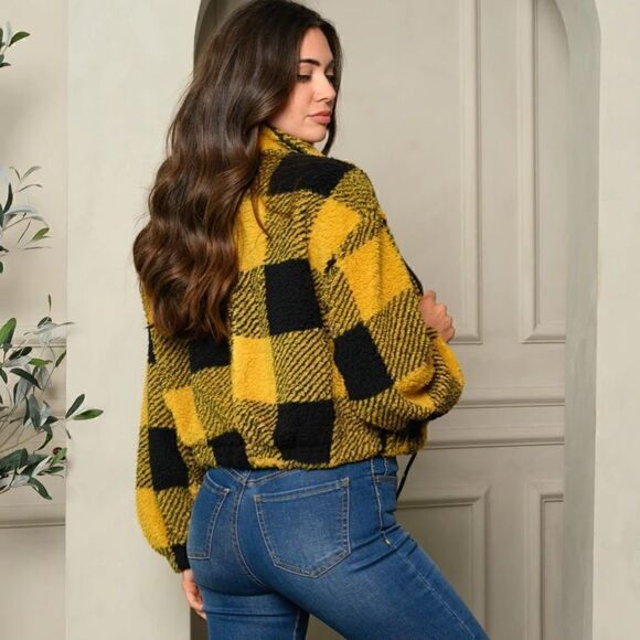 NEW! Cute Women's Long Sleeve Fuzzy Zip Up Mustard Plaid Crop Bomber Jacket - Picture 3 of 4